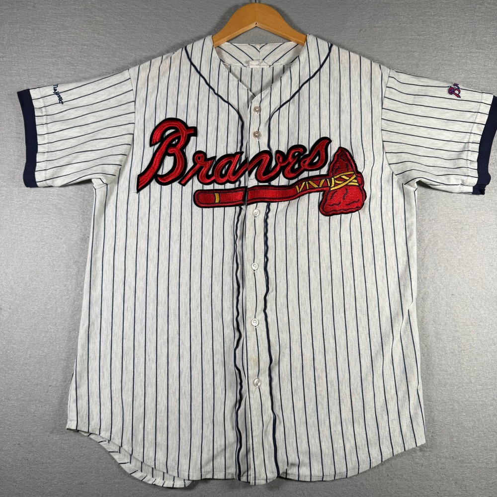 Vintage Atlanta Braves Baseball Jersey Mens XL Grey Pinstripe Majestic USA Made